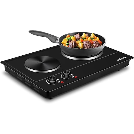 Cusimax Double Hot Plate For Cooking, Stainless Steel Electric Burner, Black CMHP-C180B